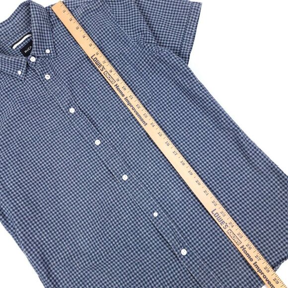 RVCA Flannel Slim Fit Button Down Casual Short Sleeve Shirt Check Navy Blue Gray - Picture 5 of 8